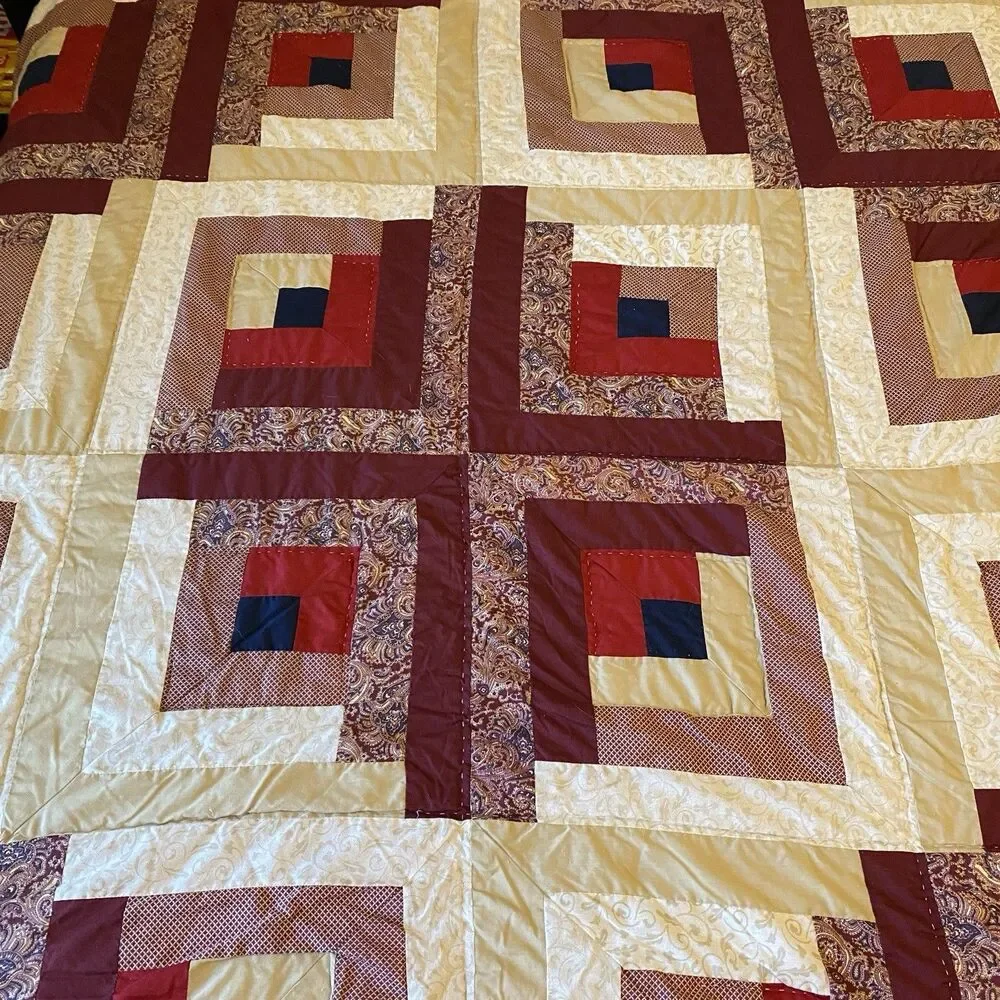 Vintage Hand Stitched Log Cabin Quilt Queen 83x84 Burgundy Navy Farmhouse Decor